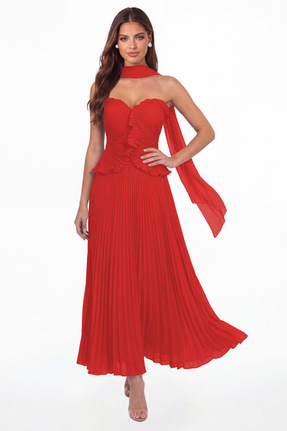 Red Strapless Pleated Chiffon Ruffle Maxi Gown - Front View