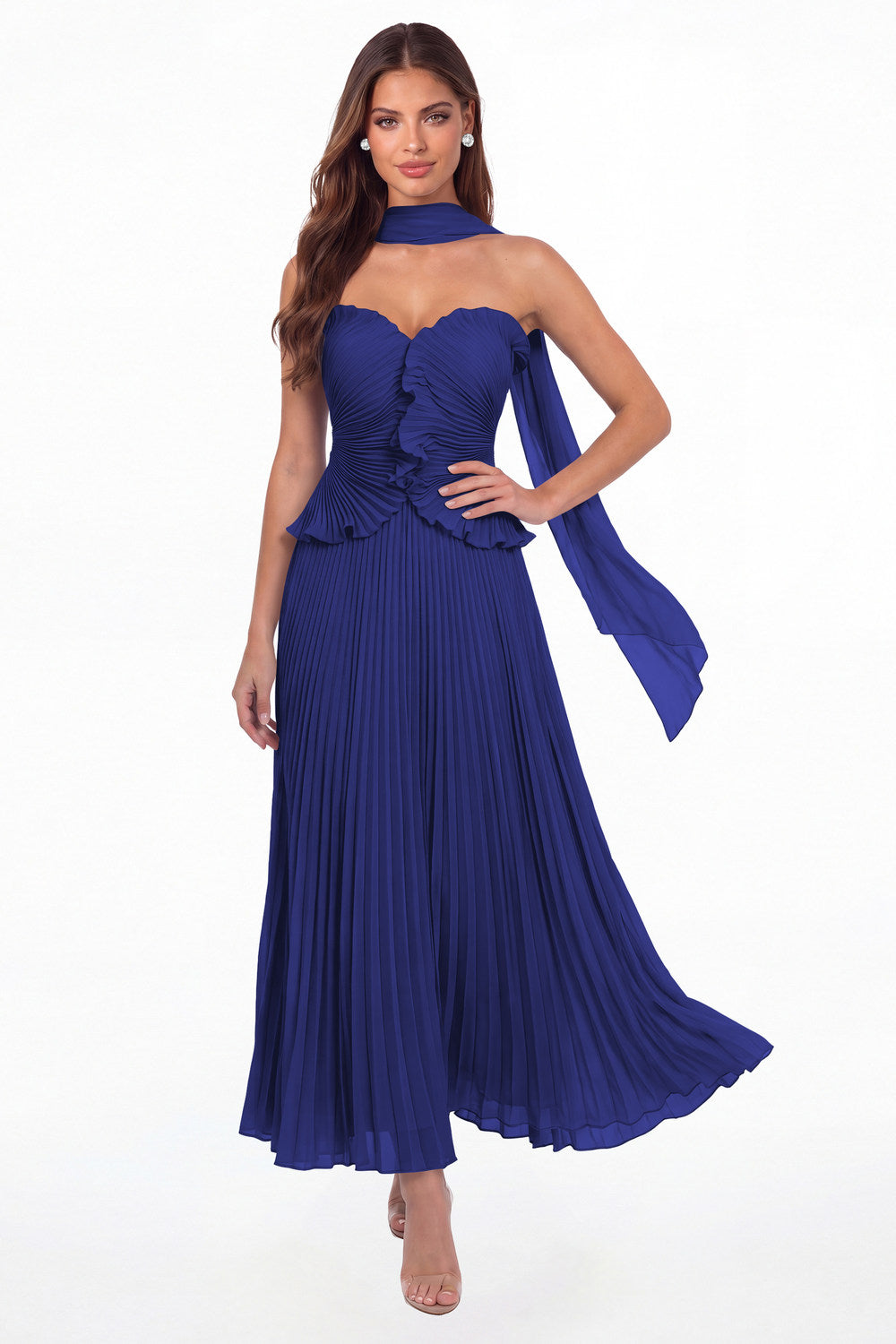Royal Blue Strapless Pleated Chiffon Ruffle Maxi Gown - Front View