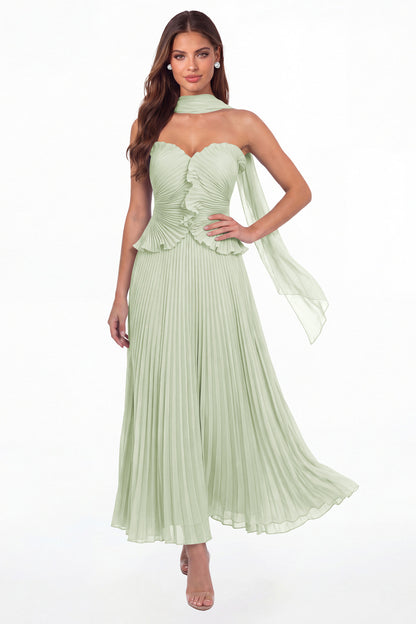 Sage Green Strapless Pleated Chiffon Ruffle Maxi Gown - Front View