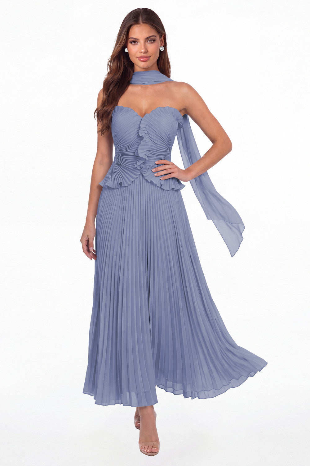 Steel Blue Strapless Pleated Chiffon Ruffle Maxi Gown - Front View