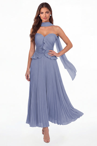 Steel Blue Strapless Pleated Chiffon Ruffle Maxi Gown - Front View