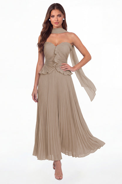 Taupe Strapless Pleated Chiffon Ruffle Maxi Gown - Front View