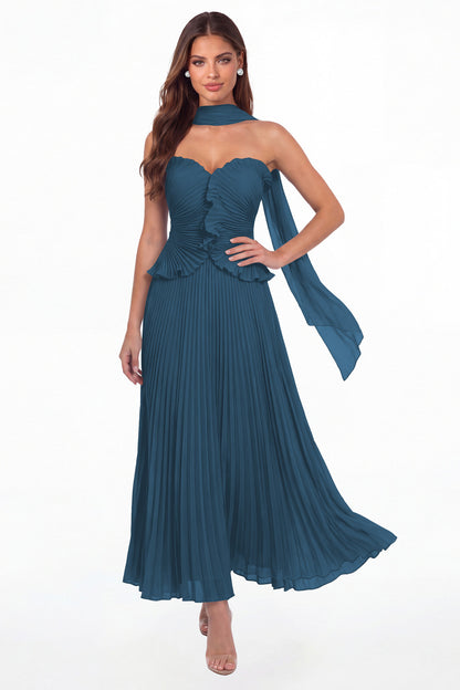 Teal Strapless Pleated Chiffon Ruffle Maxi Gown - Front View