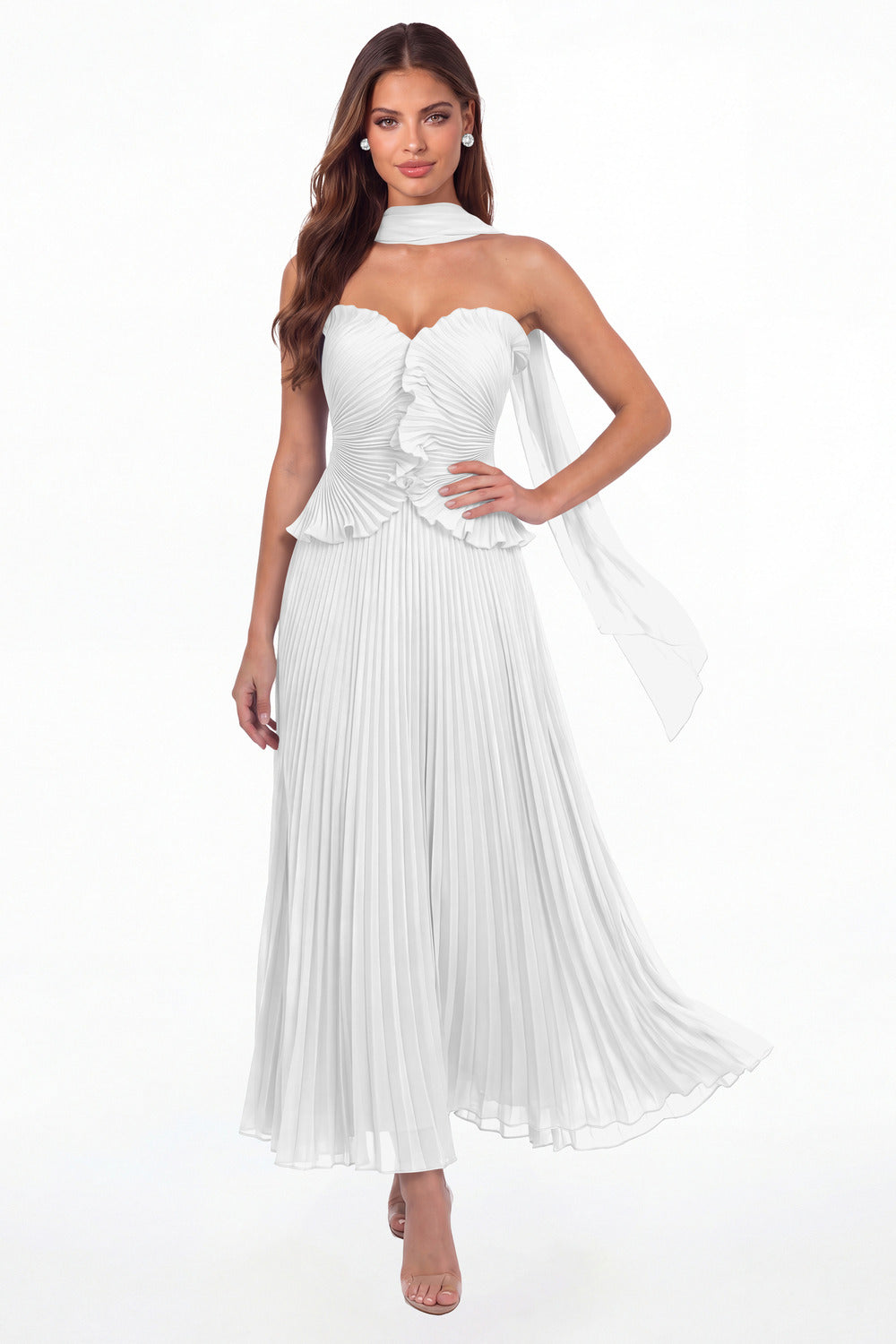 White Strapless Pleated Chiffon Ruffle Maxi Gown - Front View