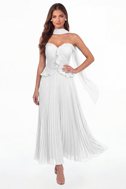 White Strapless Pleated Chiffon Ruffle Maxi Gown - Front View