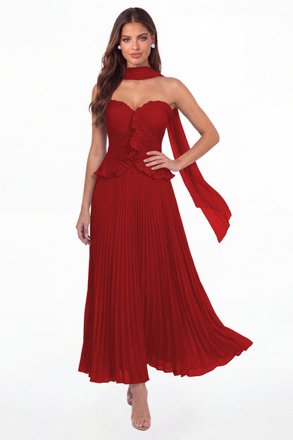 Wine Red Strapless Pleated Chiffon Ruffle Maxi Gown - Front View