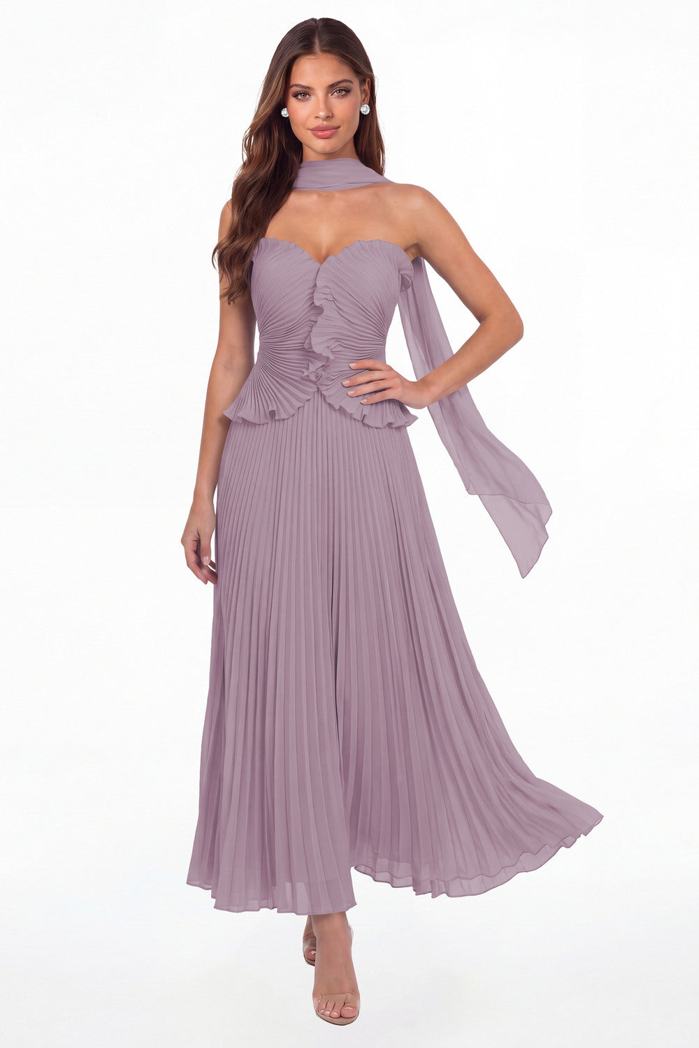Wisteria Strapless Pleated Chiffon Ruffle Maxi Gown - Front View