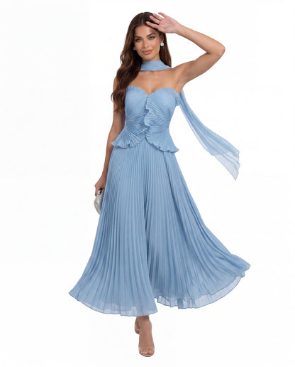 Strapless Pleated Chiffon Ruffle Maxi Gown - Detail View 1