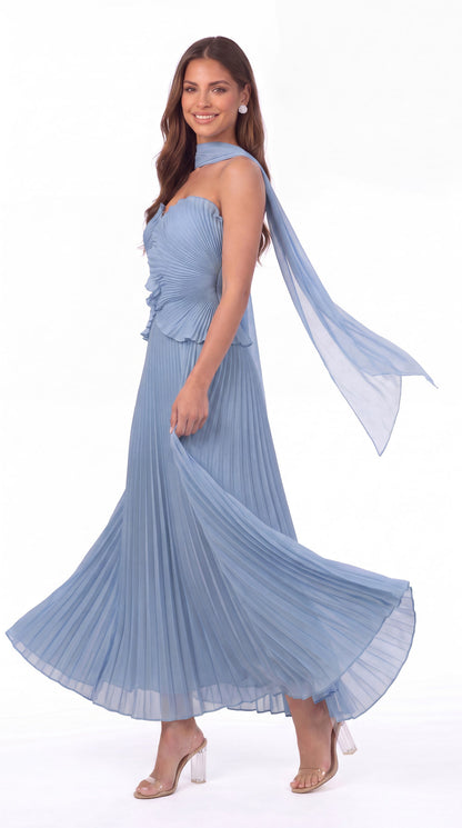Strapless Pleated Chiffon Ruffle Maxi Gown - Detail View 4