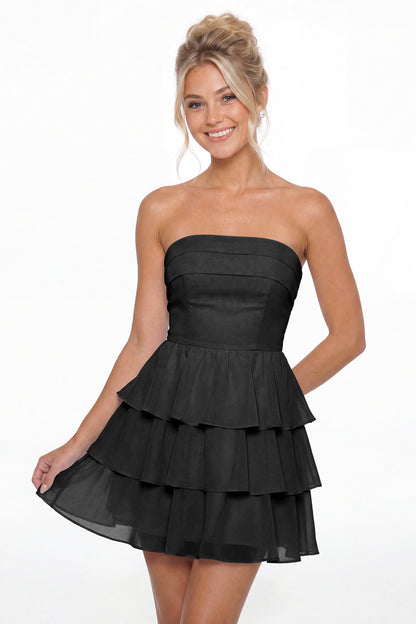 Black Strapless Tiered Ruffle Chiffon Mini Dress - Front View