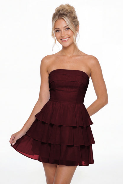 Burgundy Strapless Tiered Ruffle Chiffon Mini Dress - Front View
