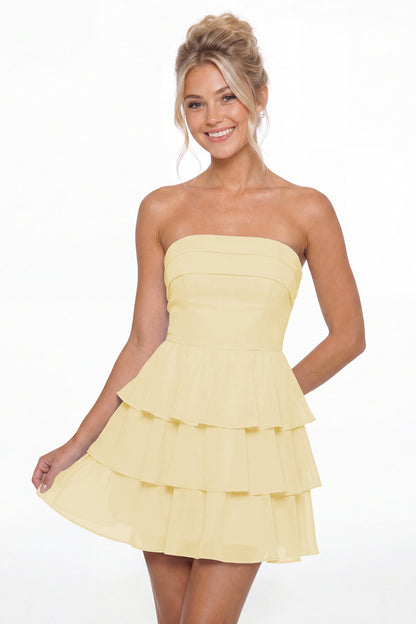 Butter Yellow Strapless Tiered Ruffle Chiffon Mini Dress - Front View