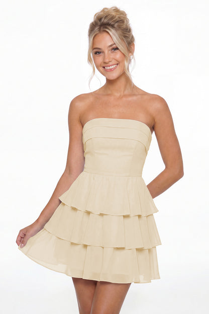 Champagne Strapless Tiered Ruffle Chiffon Mini Dress - Front View