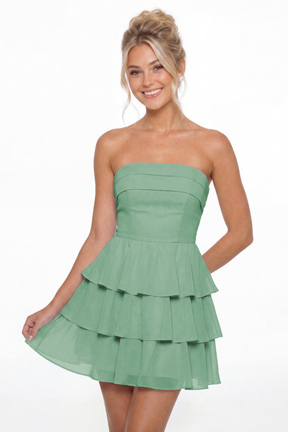 Eucalyptus Strapless Tiered Ruffle Chiffon Mini Dress - Front View