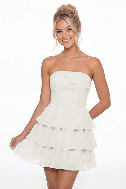 Ivory Strapless Tiered Ruffle Chiffon Mini Dress - Front View
