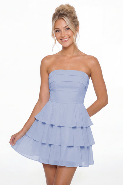 Lavender Strapless Tiered Ruffle Chiffon Mini Dress - Front View