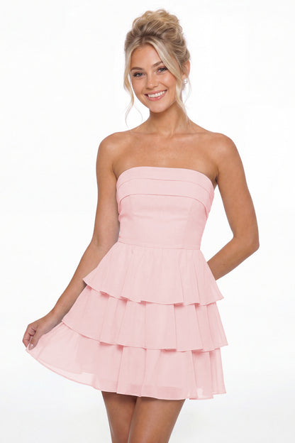 Light Pink Strapless Tiered Ruffle Chiffon Mini Dress - Front View