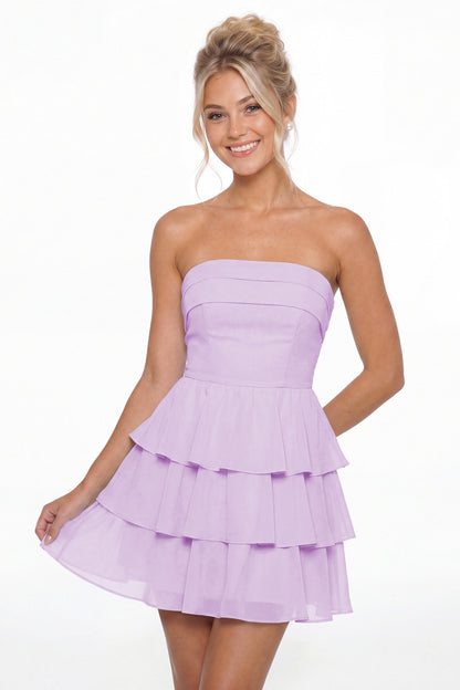 Lilac Strapless Tiered Ruffle Chiffon Mini Dress - Front View