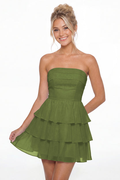 Olive Green Strapless Tiered Ruffle Chiffon Mini Dress - Front View