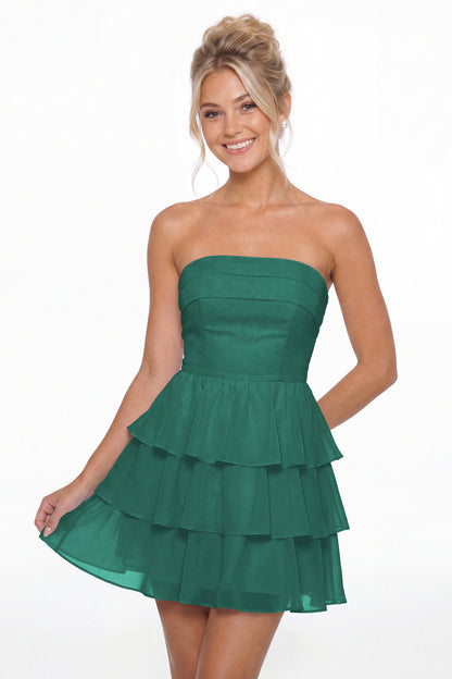 Peacock Strapless Tiered Ruffle Chiffon Mini Dress - Front View