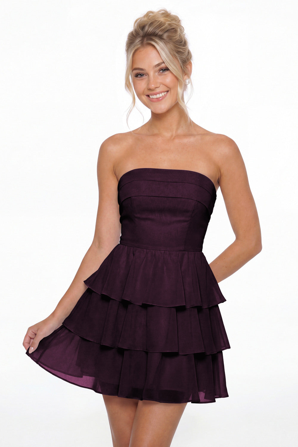 Plum Strapless Tiered Ruffle Chiffon Mini Dress - Front View