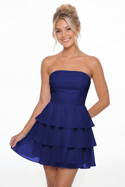 Royal Blue Strapless Tiered Ruffle Chiffon Mini Dress - Front View