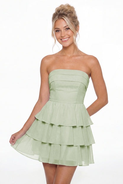 Sage Green Strapless Tiered Ruffle Chiffon Mini Dress - Front View