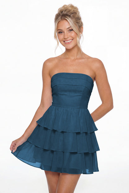 Teal Strapless Tiered Ruffle Chiffon Mini Dress - Front View