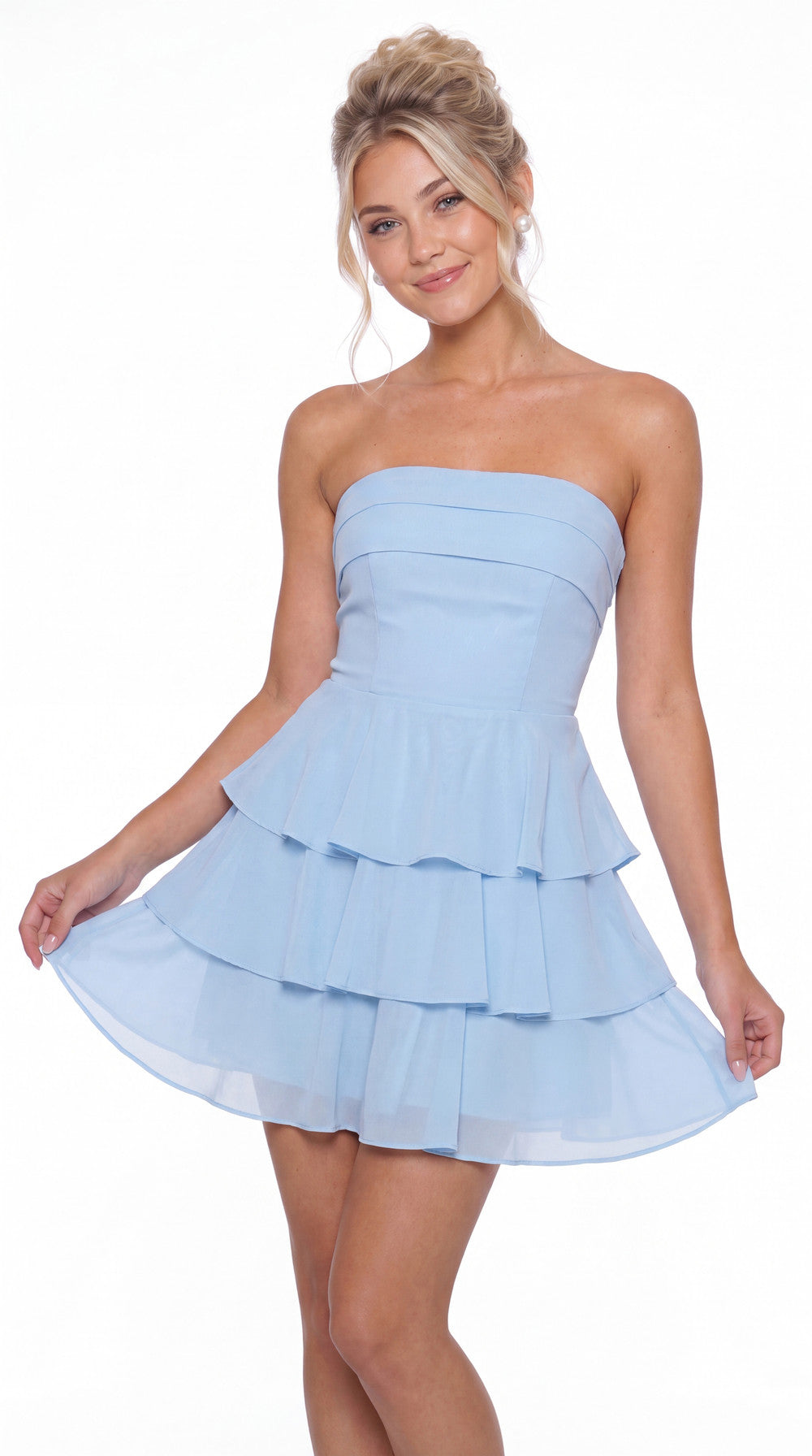 Strapless Tiered Ruffle Chiffon Mini Dress - Detail View 1