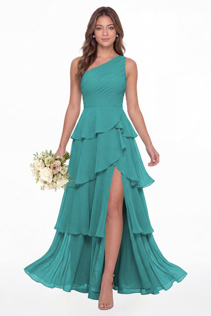 Aqua Blue One Shoulder Ruched Tiered Ruffle Chiffon Slit Maxi Gown - Front View