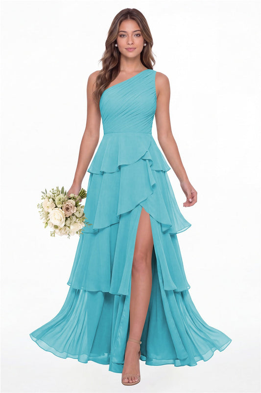 INEWER One Shoulder Ruched Tiered Ruffle Chiffon Slit Maxi Gown - AQUA BLUE Front View