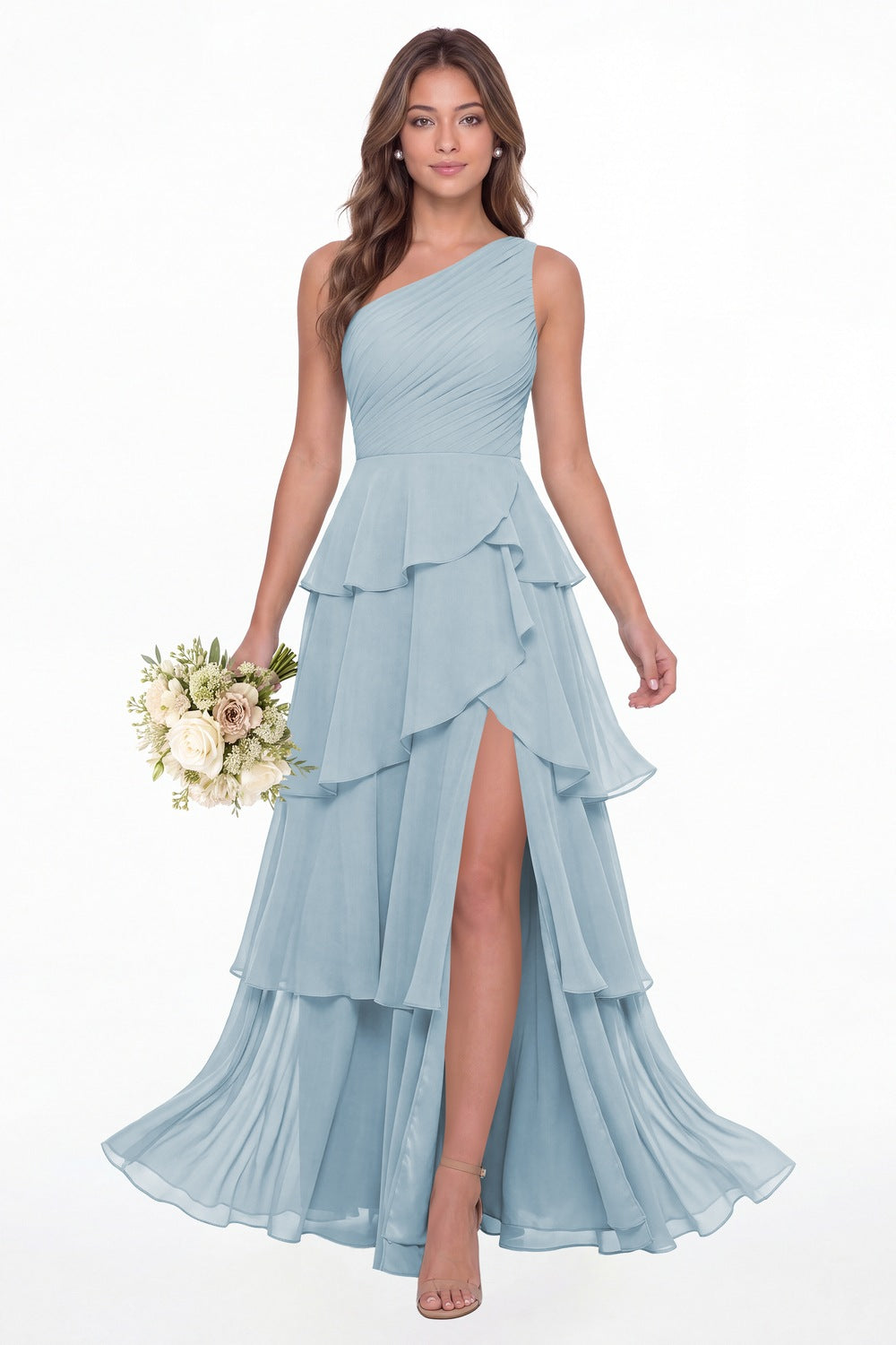 Baby Blue One Shoulder Ruched Tiered Ruffle Chiffon Slit Maxi Gown - Front View