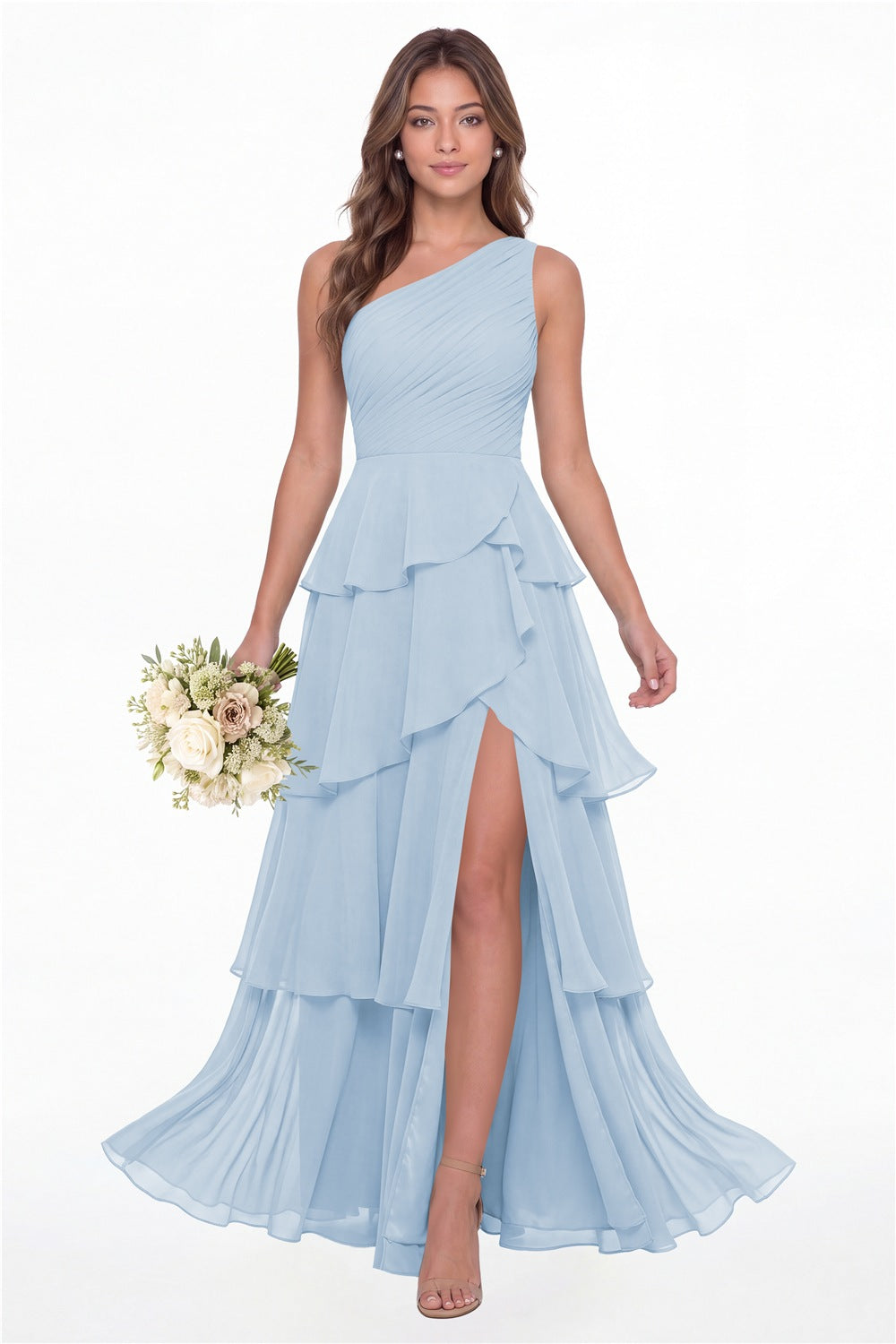 INEWER One Shoulder Ruched Tiered Ruffle Chiffon Slit Maxi Gown - BABY BLUE Front View