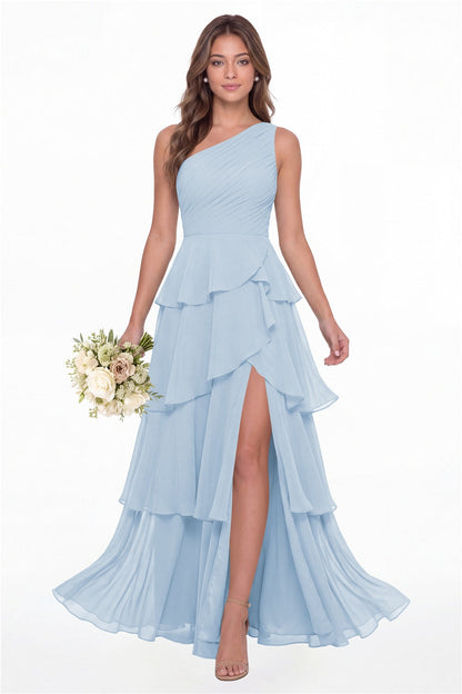 INEWER One Shoulder Ruched Tiered Ruffle Chiffon Slit Maxi Gown - BABY BLUE Front View