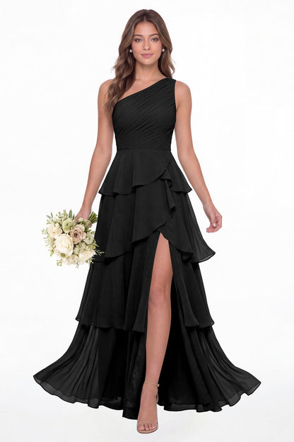 Black One Shoulder Ruched Tiered Ruffle Chiffon Slit Maxi Gown - Front View