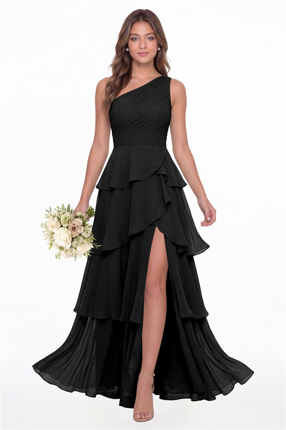 INEWER One Shoulder Ruched Tiered Ruffle Chiffon Slit Maxi Gown - BLACK Front View