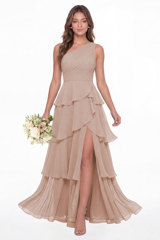 Blush Pink One Shoulder Ruched Tiered Ruffle Chiffon Slit Maxi Gown - Front View