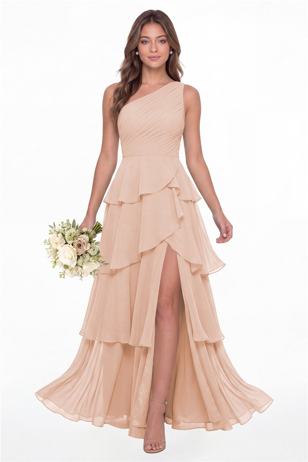 INEWER One Shoulder Ruched Tiered Ruffle Chiffon Slit Maxi Gown - BLUSH PINK Front View