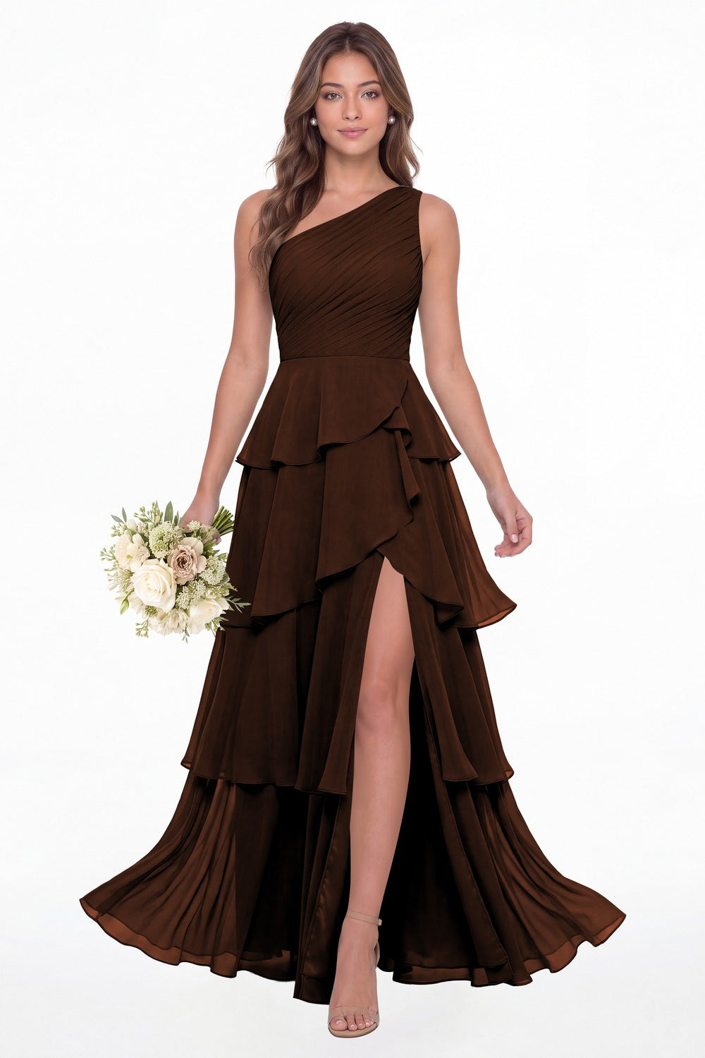 Brown One Shoulder Ruched Tiered Ruffle Chiffon Slit Maxi Gown - Front View