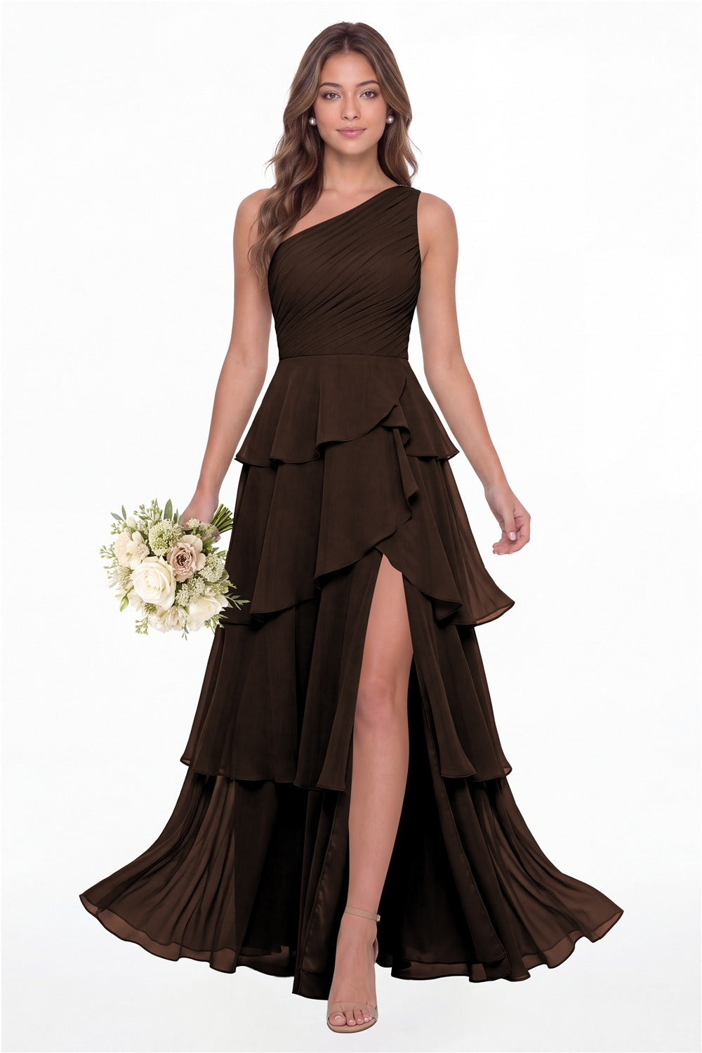 INEWER One Shoulder Ruched Tiered Ruffle Chiffon Slit Maxi Gown - BROWN Front View