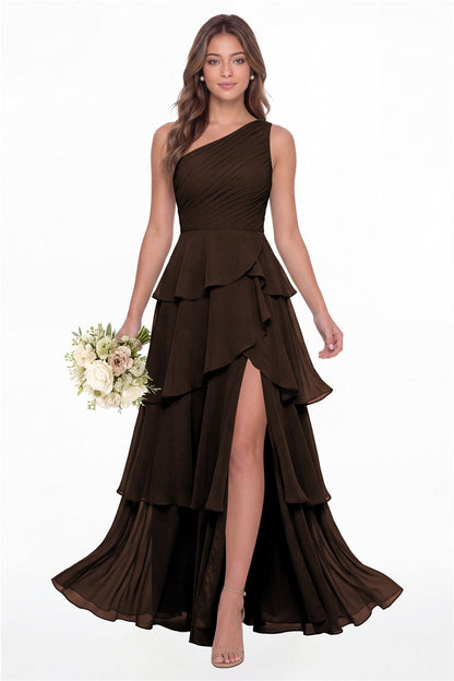 INEWER One Shoulder Ruched Tiered Ruffle Chiffon Slit Maxi Gown - BROWN Front View