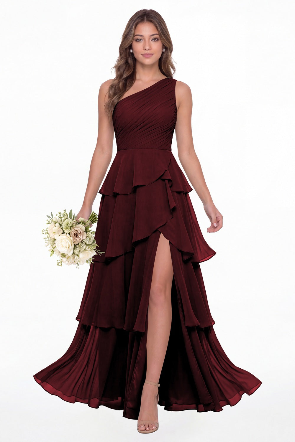 Burgundy One Shoulder Ruched Tiered Ruffle Chiffon Slit Maxi Gown - Front View