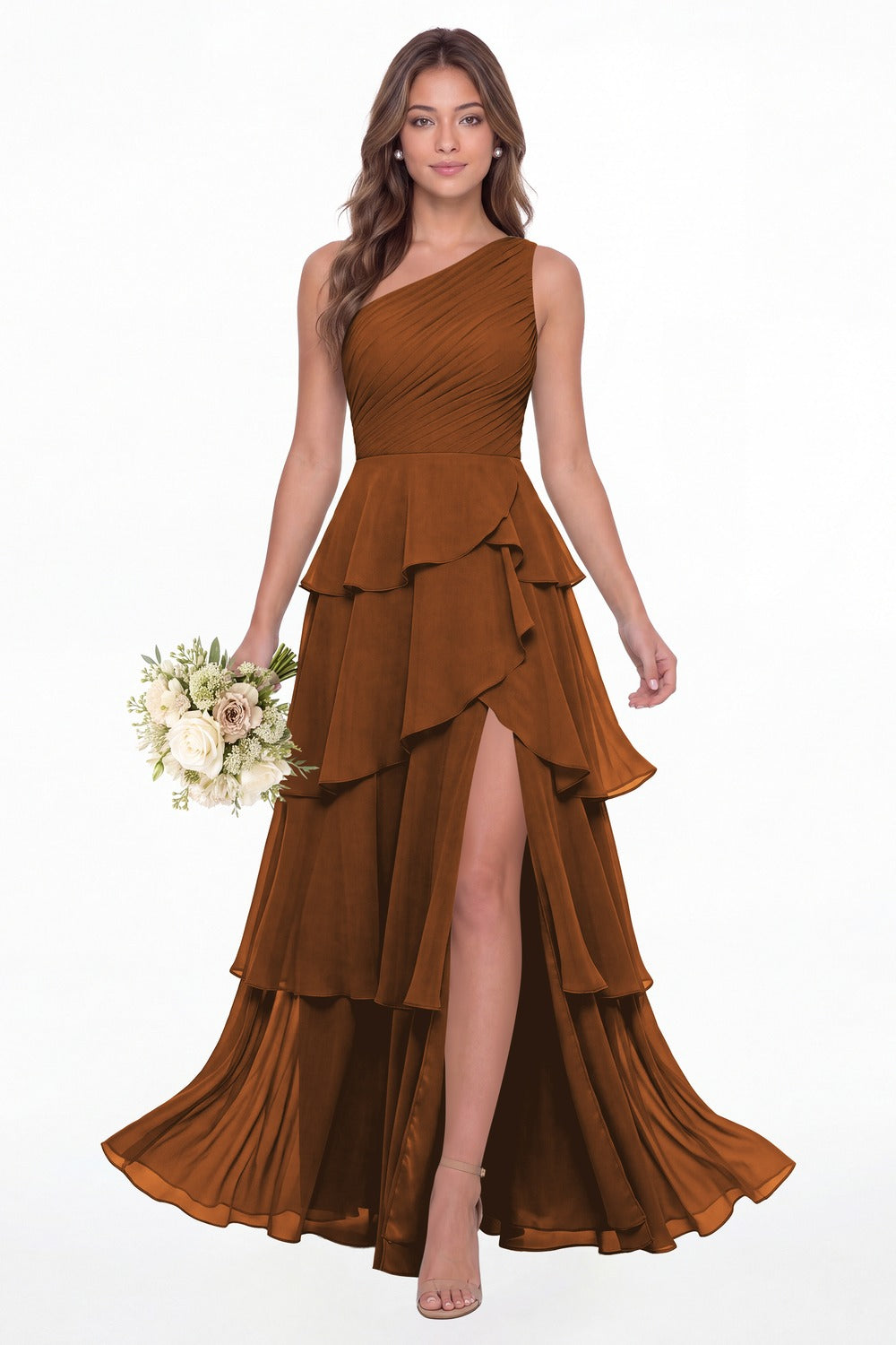 Burnt Orange One Shoulder Ruched Tiered Ruffle Chiffon Slit Maxi Gown - Front View