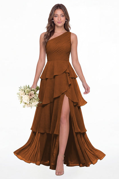 Burnt Orange One Shoulder Ruched Tiered Ruffle Chiffon Slit Maxi Gown - Front View