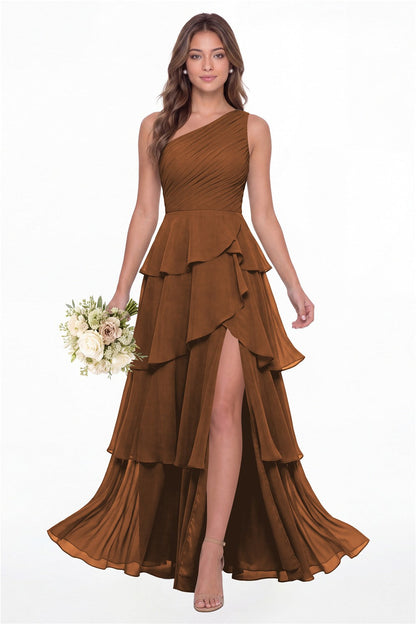 INEWER One Shoulder Ruched Tiered Ruffle Chiffon Slit Maxi Gown - BURNT ORANGE Front View