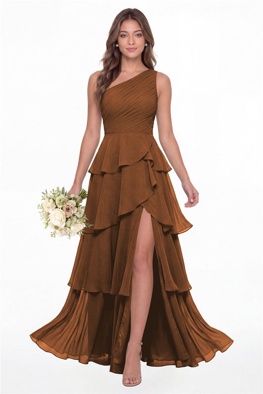 INEWER One Shoulder Ruched Tiered Ruffle Chiffon Slit Maxi Gown - BURNT ORANGE Front View