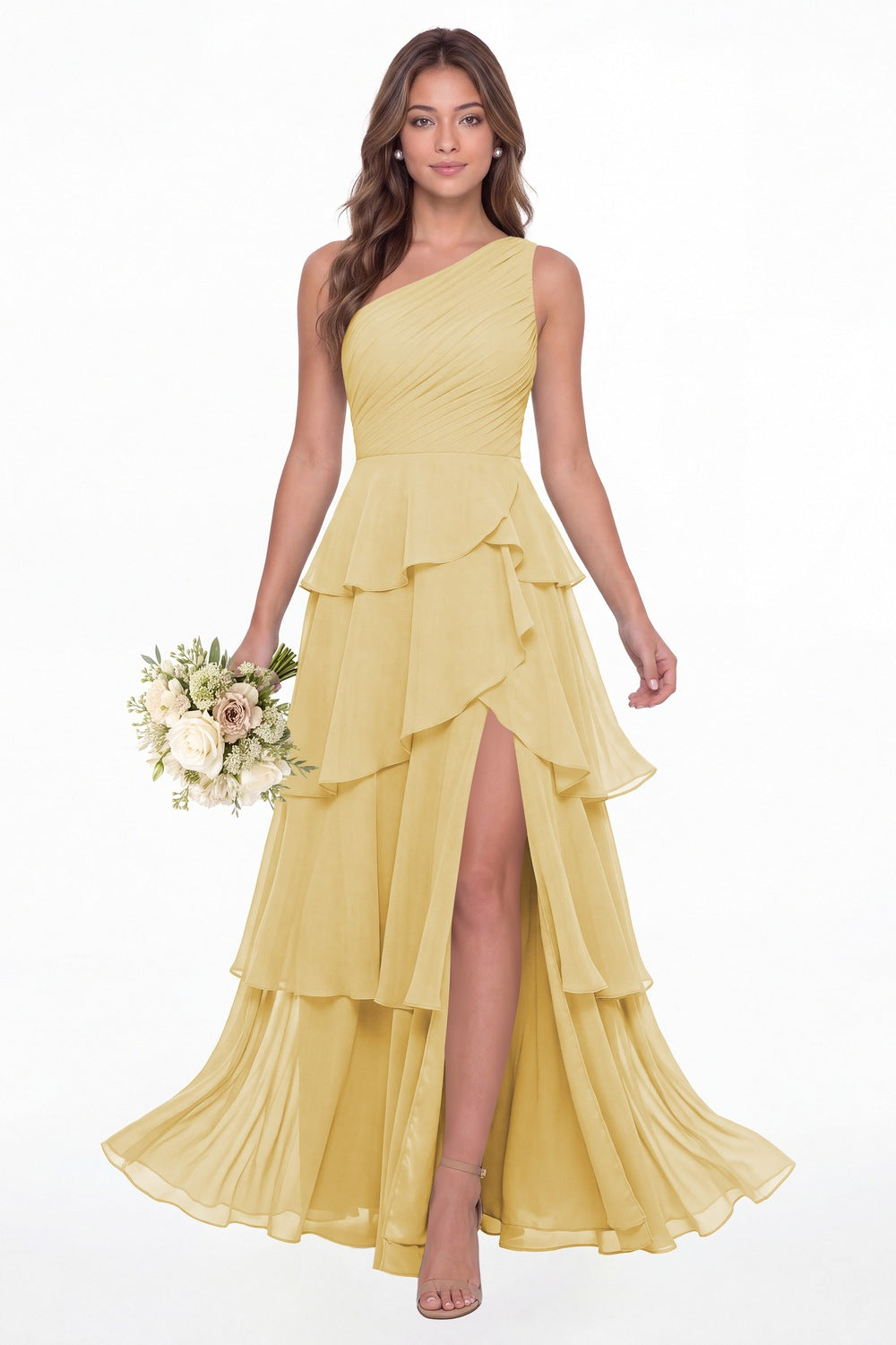 Butter Yellow One Shoulder Ruched Tiered Ruffle Chiffon Slit Maxi Gown - Front View
