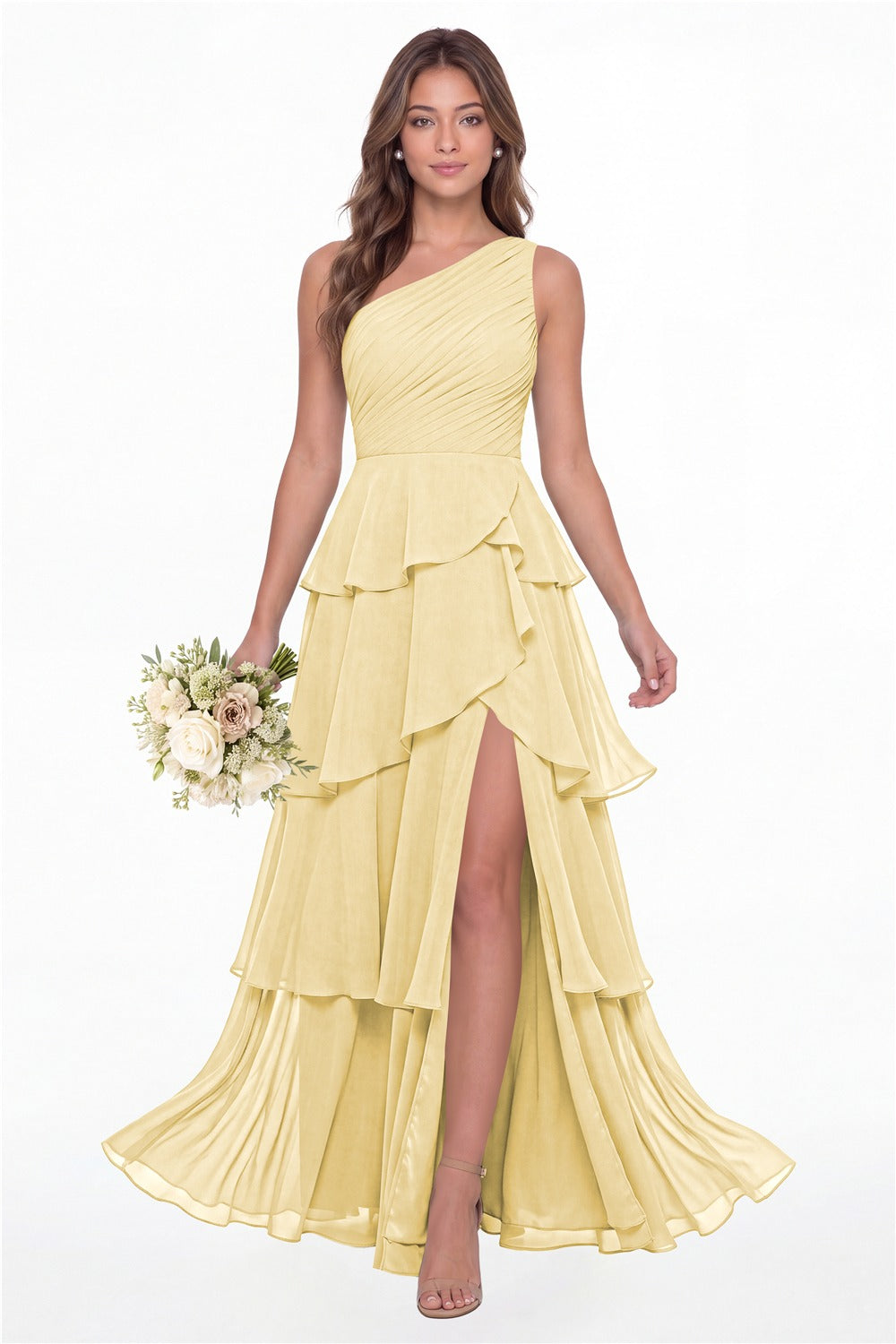 INEWER One Shoulder Ruched Tiered Ruffle Chiffon Slit Maxi Gown - BUTTER YELLOW Front View