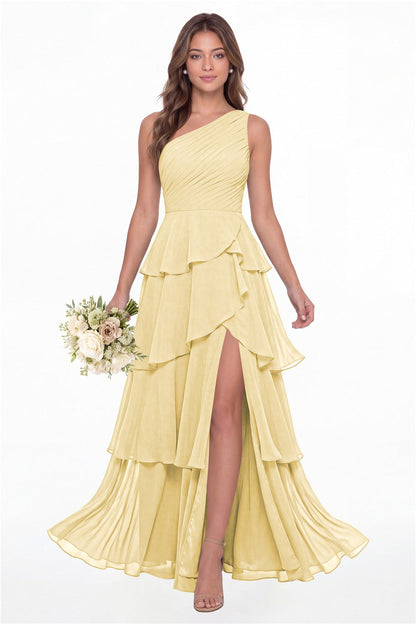 INEWER One Shoulder Ruched Tiered Ruffle Chiffon Slit Maxi Gown - BUTTER YELLOW Front View