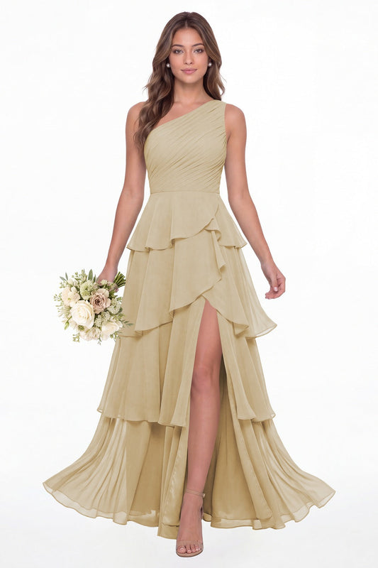 Champagne One Shoulder Ruched Tiered Ruffle Chiffon Slit Maxi Gown - Front View